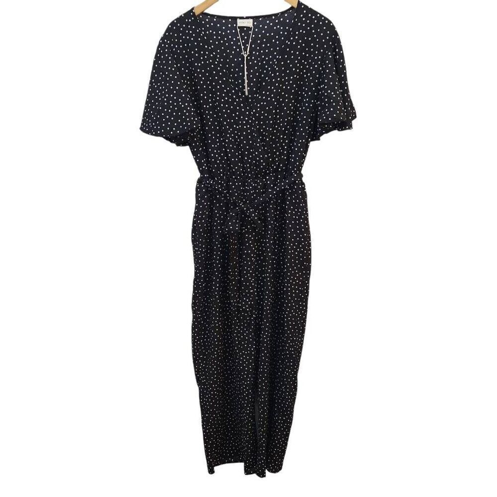 Suki So belted faux wrap Jumpsuit black white polka dot pockets XL New